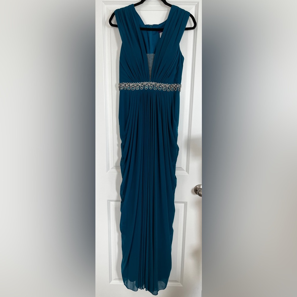 Abby Paris Chiffon V-Neck Dress with Waist Jewelry and Pleats